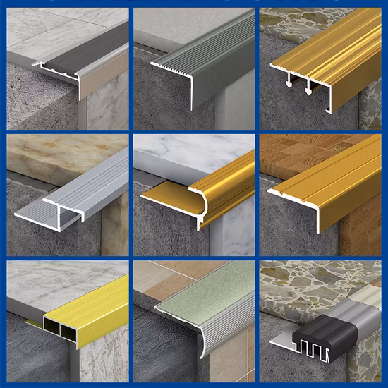 Profil d'extrusion d'usine Niuyuan Foshan, bande de roulement d'escalier en aluminium, nez de marche antidérapant Bullnose